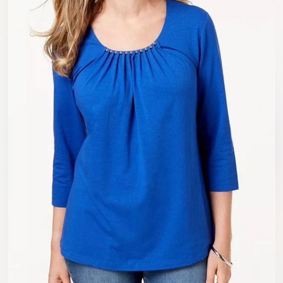 Karen Scott Ultra Blue Beaded Neckline 3/4 Sleeve Top Size Small - Picture 1 of 5